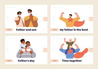 Set of landing page design template with happy father and son characters enjoying time together