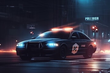 Obraz na płótnie Canvas Night police patrol car with emergency lights at crime scene. Generative AI