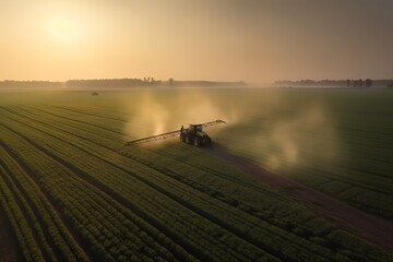 Fototapeta premium Aerial view of tractor spraying pesticides on green soybean plantation at sunset. Generative AI