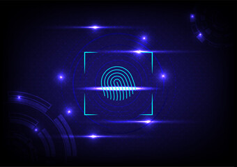 Cyber security and cyber crime concept. Electronic thumb fingerprint on futuristic technology abstract background. Digital protection. Scanning for protecting data. Hacker protection.