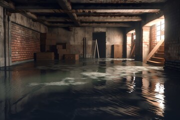 Flooded dirty cellar 3D rendering. Generative AI