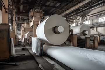Industrial paper mill with pulp and paper rolls. Generative AI