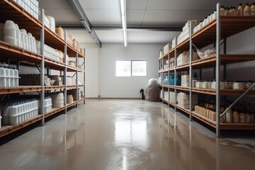 Clean warehouse with shelves and products. Generative AI