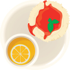 Panna cotta icon isometric vector. Panna cotta with fruit jam and lemon tea cup. Dessert, breakfast, food concept