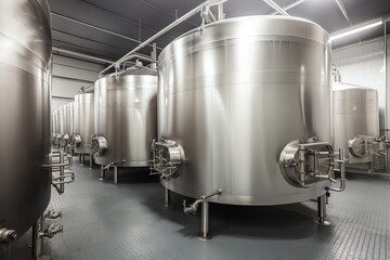 Naklejka na ściany i meble Dairy plant equipment. Stainless steel tanks. Generative AI