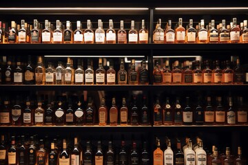 Variety of hard liquor brands in liquor store. Generative AI