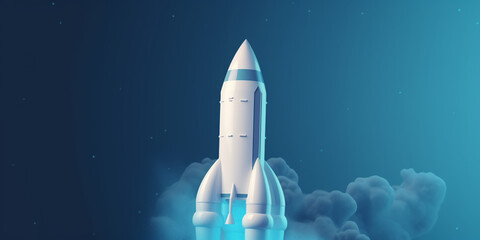 Fototapeta premium Symbolic 3D Rendering of White Rocket Model against Blue Background for Startup Concepts