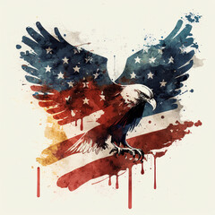 The eagle spread its wings. Eagle in USA flag colors. Vintage patriotic grunge background. Stars and Stripes American flag. hand-drawn watercolor illustration. AI generated