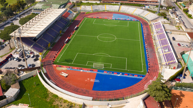 Caserta, Italy - April, 2023: Aerial view of the municipal stadium Alberto Pinto in Campania. This sports facility is essentially used for athletics and football matches of Casertana Football Club.