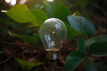 Light bulb on green leafs for renewable energy concept. Generative AI
