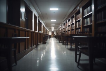 Blurry college library interior for background use. Generative AI