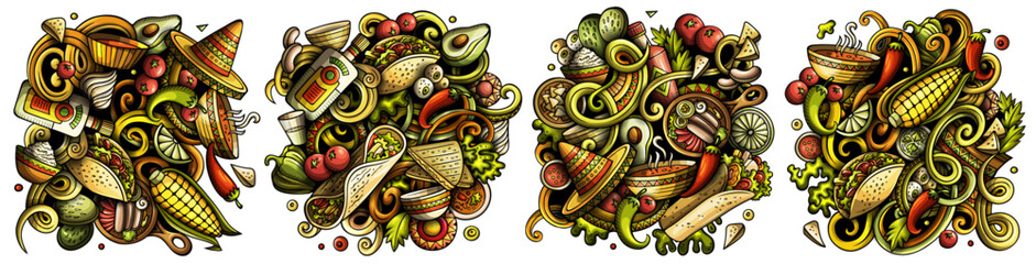 Mexican food cartoon vector doodle designs set