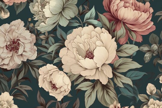 Vintage floral wallpaper with roses and peony. Generative AI