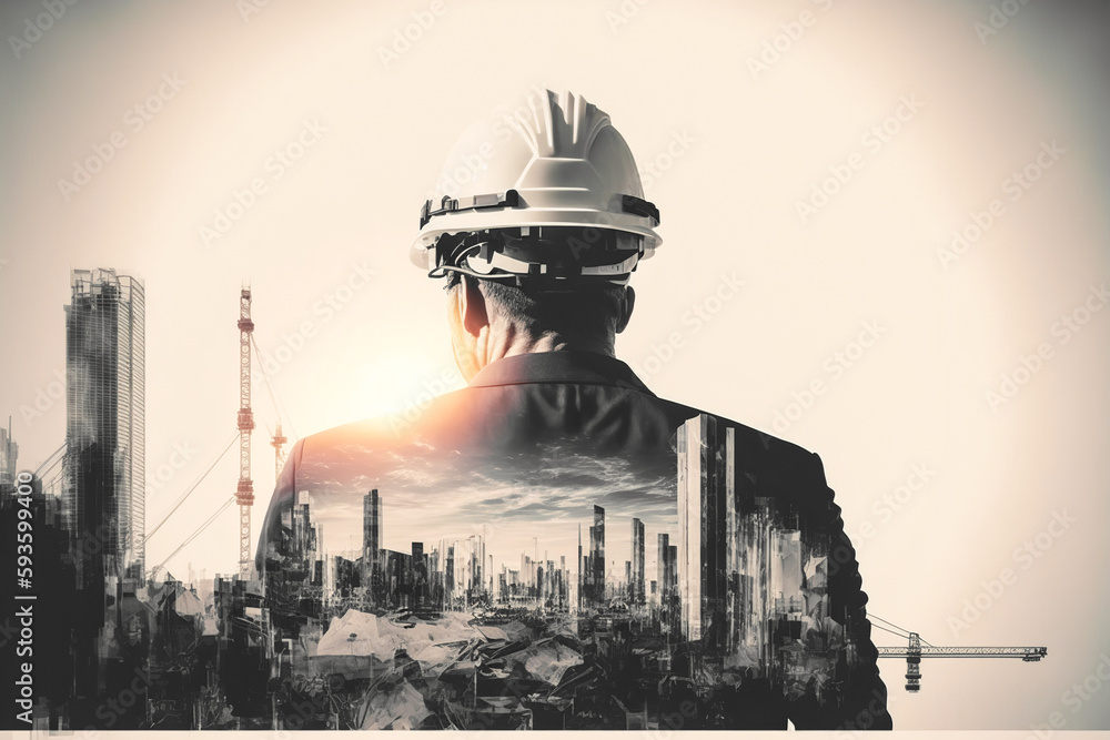 Poster civil engineer portrait as concept for building construct by professional with hardhat helmet engine
