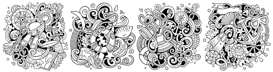Nautical cartoon vector doodle designs set