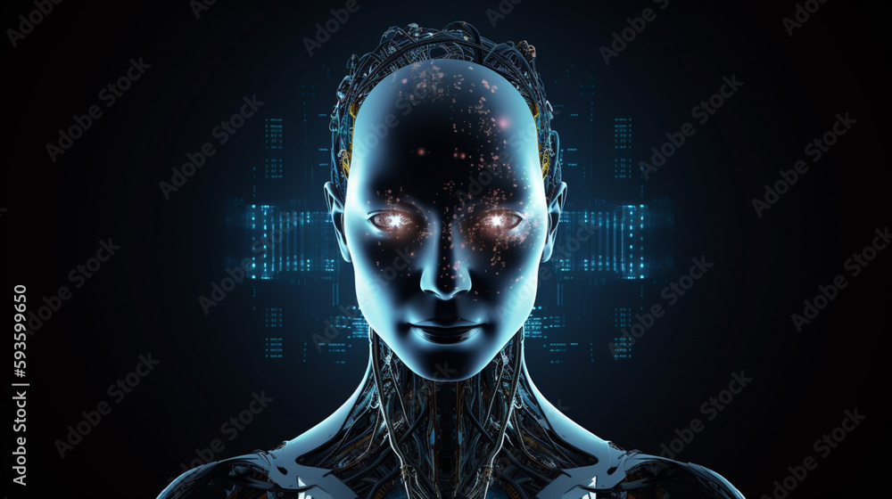 Wall mural big data advanced artificial intelligence for the future in humanoid head machine learning, generati