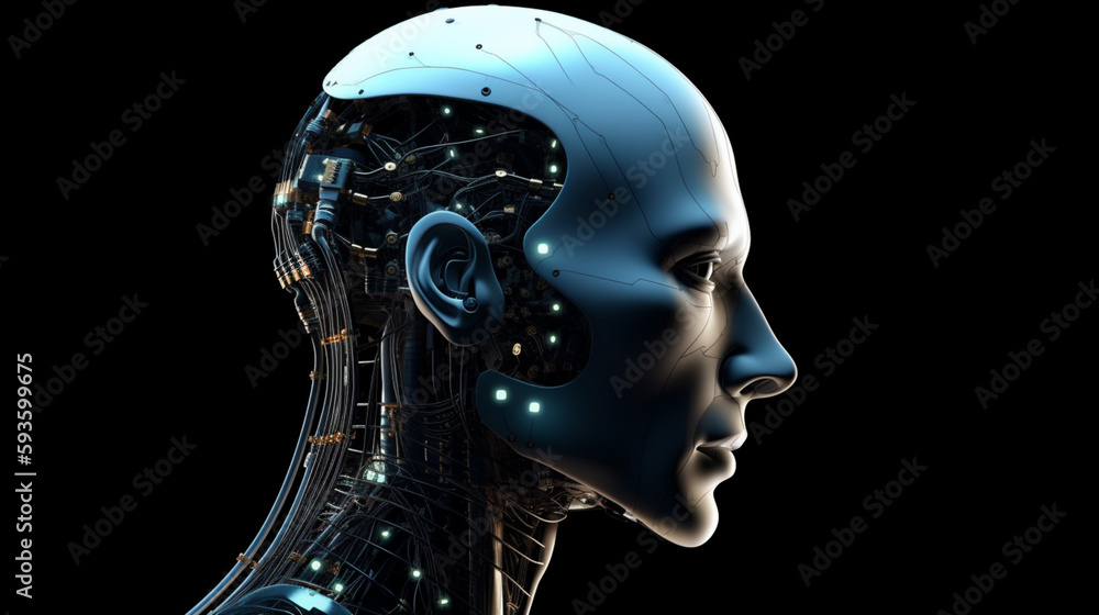 Wall mural big data advanced artificial intelligence for the future in humanoid head machine learning, generati