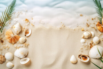 Fototapeta na wymiar Seashells and palm leaves on tropical beach background. Generative ai
