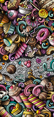 Desserts doodle banner. Cartoon vector detailed flyer.