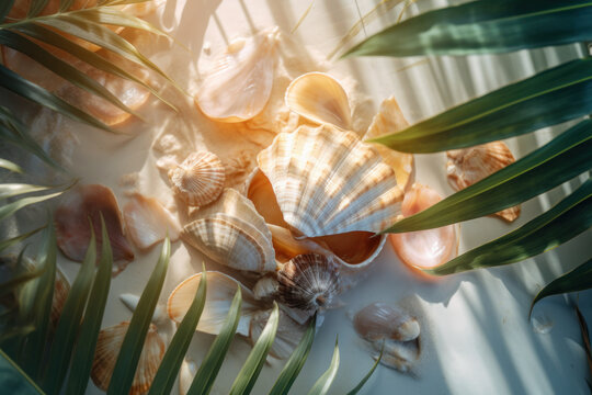 Seashells and palm leaves on tropical beach background. Generative ai