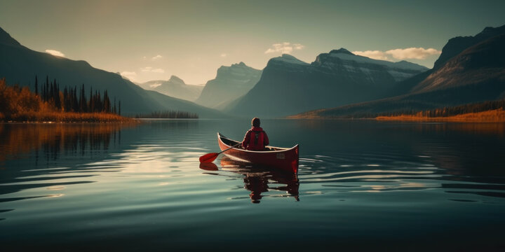 Ein Mann paddelt in einem roten Kanu über einen See im Morgennebel - generative ai