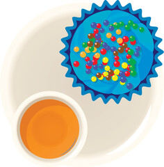 Birthday cake icon isometric vector. Bright multicoloured cake and cup hot drink. Dessert, celebration, food concept