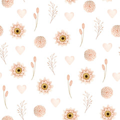 Watercolor seamless pattern with pink hearts, flowers, branches. Isolated on white background. Hand drawn clipart. Perfect for card, fabric, tags, invitation, printing, wrapping.