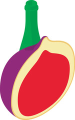 Fig drink icon isometric vector. Ripe fresh fig half and open glass bottle icon. Food and beverage concept