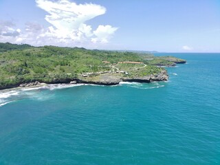 Aerial view of cliff-topped beach and forest