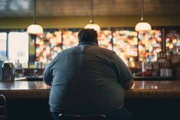 Fat man eating fast food or junk meal  in a fast food restaurant / diner, back view. Obesity. Created with Generative AI

