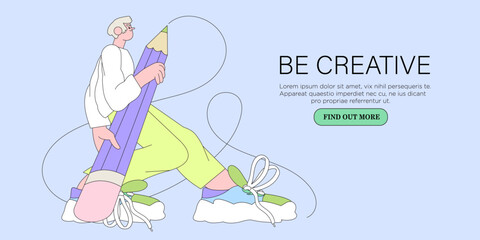 Obraz premium Man designer hold big pencil and draw. Creative or educational process banner, ad, landing page or poster for web design studio, startup or courses. Generating ideas, imagination, inspiration concept.