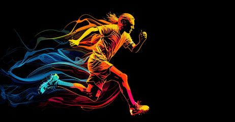 Fototapeta na wymiar Illustration of Soccer Player Running on Black Background. AI generative