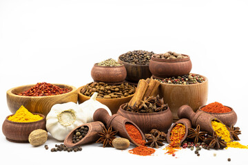 Assortment of spices isolated on a white background