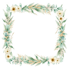 Watercolor illustration card with eucalyptus, flowers, pampas grass, square frame. Isolated on white background. Hand drawn clipart. Perfect for card, postcard, tags, invitation, printing, wrapping.