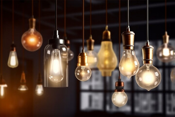Decorative antique Edison style light bulbs, different shapes of retro lamps on dark background. Cafe or restaurant decoration details. Set of vintage glowing light bulbs, loft interior. AI generated.