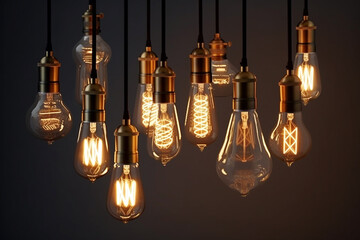Decorative antique Edison style light bulbs, different shapes of retro lamps on dark background. Cafe or restaurant decoration details. Set of vintage glowing light bulbs, loft interior. AI generated. - obrazy, fototapety, plakaty