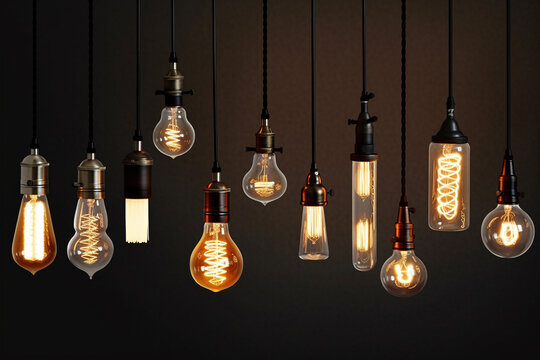 Decorative antique Edison style light bulbs, different shapes of retro lamps on dark background. Cafe or restaurant decoration details. Set of vintage glowing light bulbs, loft interior. AI generated.