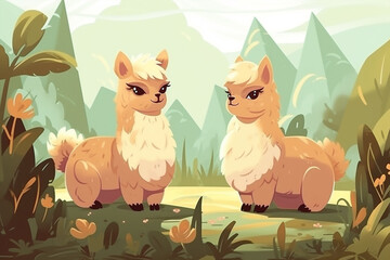 Two Alpaca Babies Sitting Together In A Green Garden Generative Ai Digital Illustration Part#170423