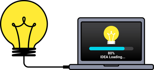 idea loading to laptop, transfer data to computer, downloading idea, creative work concept, creative business concept, transparent png, illustration