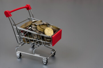 A supermarket cart full of coins. On the silver grey background. It symbolizes finance, investment,...