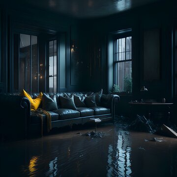 A Flooded Living Room With A Couch And A Table, Inspired By Mike Winkelmann, Conceptual Art, Realistic Cinematic Style, Old Apartment, Ultra Realistic Pictures, Collapsed Floors

