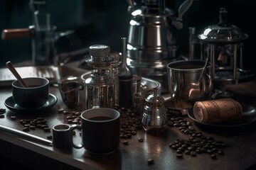 Obraz na płótnie Canvas Black coffee cup, aluminum moka pot, and coffee making supplies. Generative AI