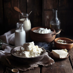 Natural Farm Dairy Products and Rustic Cutlery on old rural wooden table. AI Generative