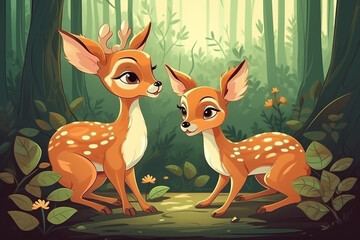 Two Deer Babies Sitting Together In A Green Garden Generative Ai Digital Illustration Part#170423