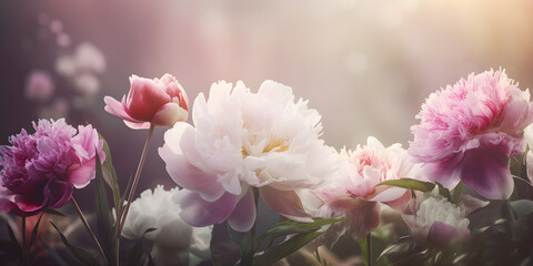 Blooming pink peony flowers wide long banner