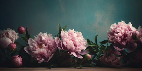 Blooming pink peony flowers wide long banner