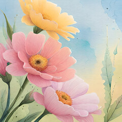 Watercolor floral painting with pastel colours, blue, green, pink, red.