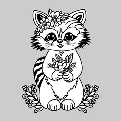 little cute raccoon, coloring book, funny illustration