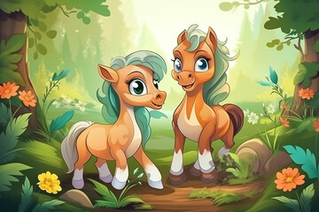 Two Horse Babies Sitting Together In A Green Garden Generative Ai Digital Illustration Part#170423