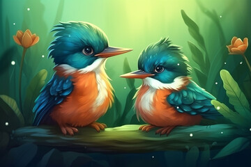 Two Kingfisher Babies Sitting Together In A Green Garden Generative Ai Digital Illustration Part#170423
